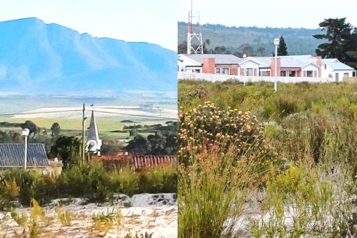 A split-view image showcasing the surrounding landscape, mountain vistas, and nearby residential development from the vacant land plot.