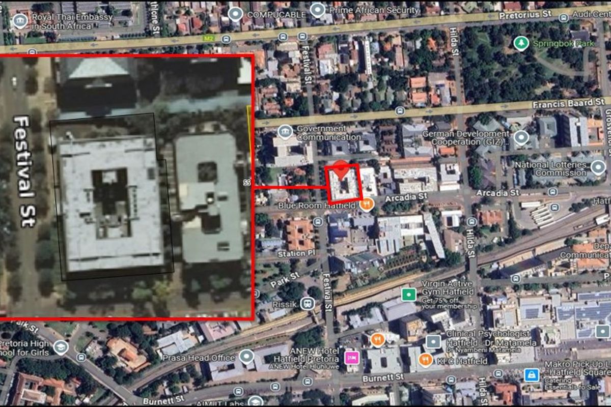 An aerial map view showing the property location and surrounding urban infrastructure in the Hatfield area.