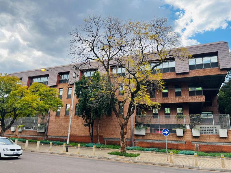 A multi-story commercial building featuring a classic brick facade, large windows, and a paved street-level frontage with integrated landscaping.