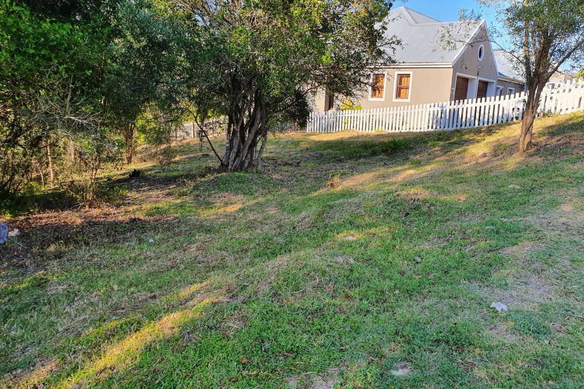 A sloped residential garden area featuring mature trees and a white picket fence bordering the adjacent property.