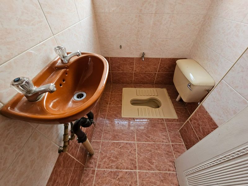 A compact bathroom featuring a pedestal basin and a squat toilet with dated ceramic wall and floor tiling.