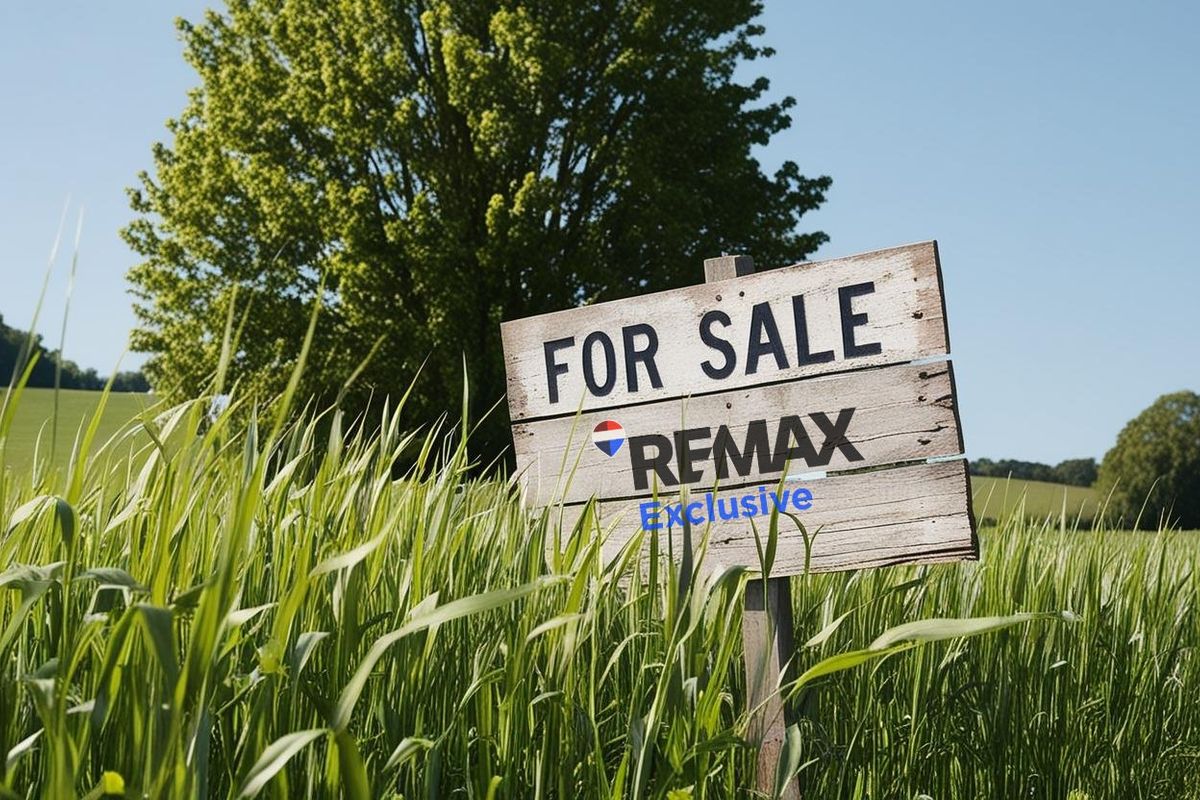 A vacant residential land plot featuring a RE/MAX for sale sign set within a grassy field.