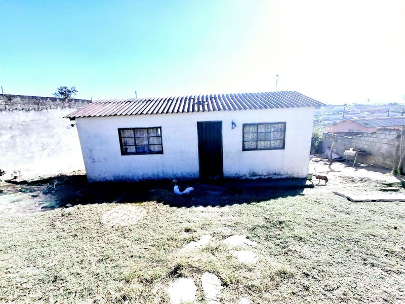 A detached single-story structure with a corrugated metal roof and masonry walls, situated in a yard with a surrounding boundary wall.