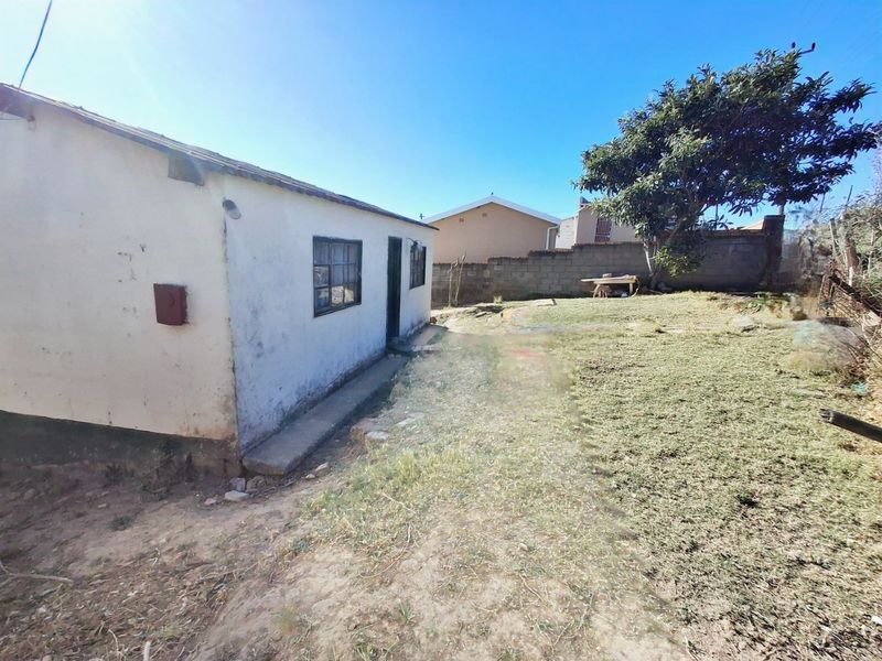 Rear view of the property showing the exterior wall, metal window frames, and a large backyard area enclosed by a concrete boundary wall.