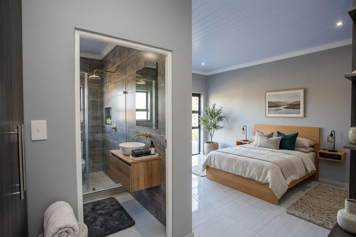 A modern bedroom featuring a sleek en-suite bathroom with a walk-in shower, wall-mounted vanity, and contemporary brass fixtures, complemented by neutral tones.