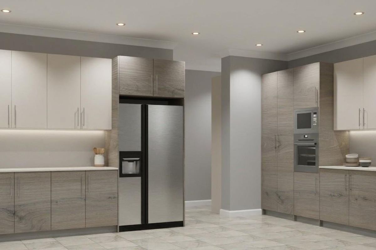 Modern kitchen featuring two-tone cabinetry, integrated appliances, stone countertops, and recessed lighting in a clean, contemporary design.
