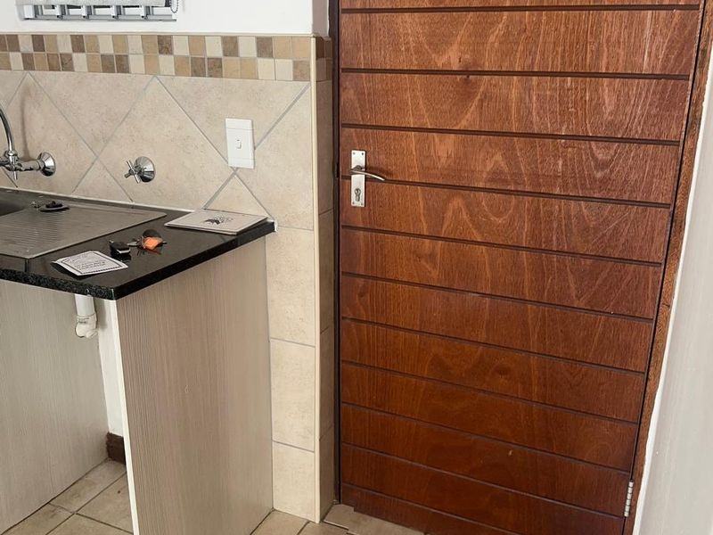 A functional laundry area featuring a stainless steel sink, tiled splashback, and a solid horizontal slatted wooden door.