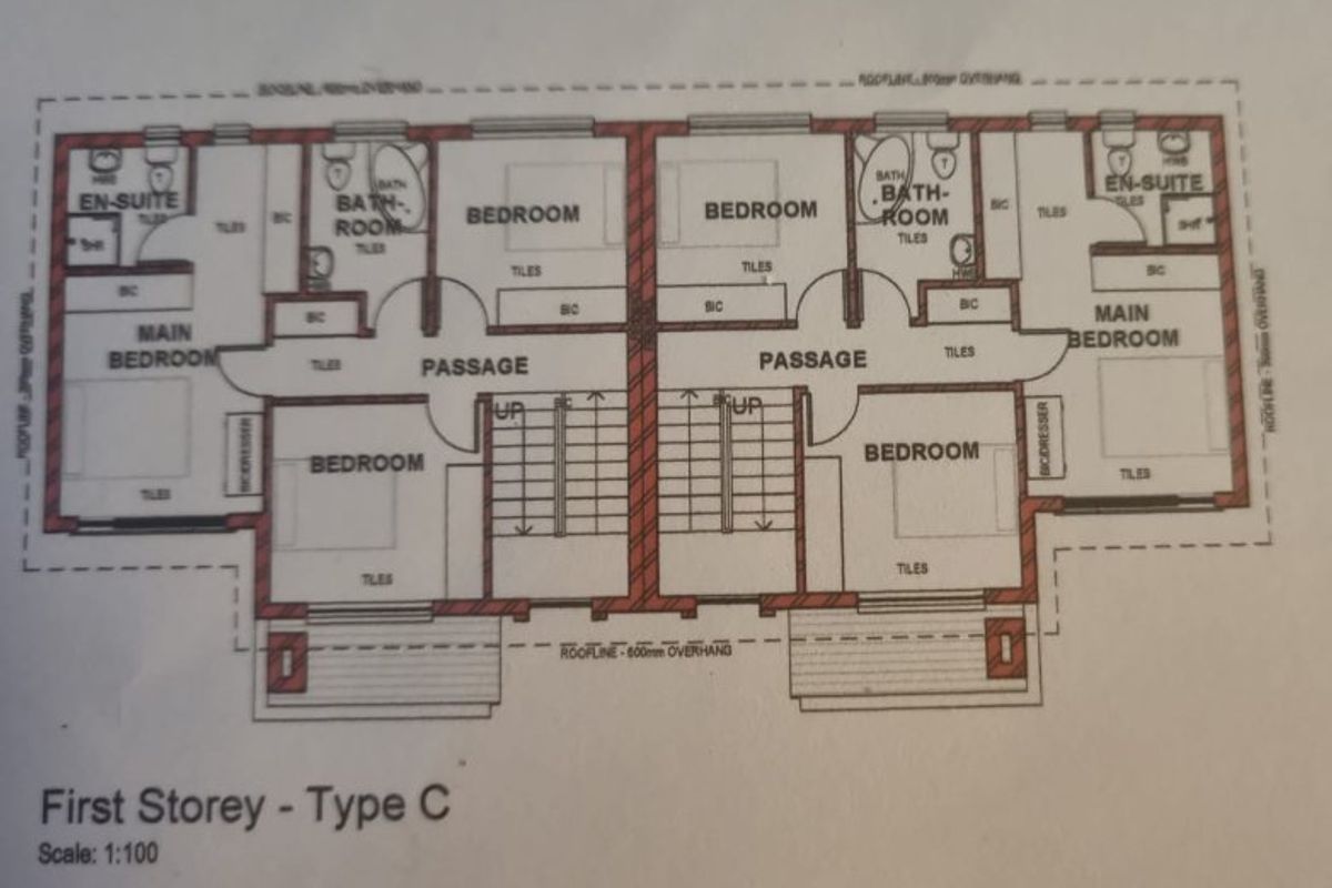 Architectural floor plan showing the first-storey layout for Type C townhouse units, including bedrooms, bathrooms, and en-suites.