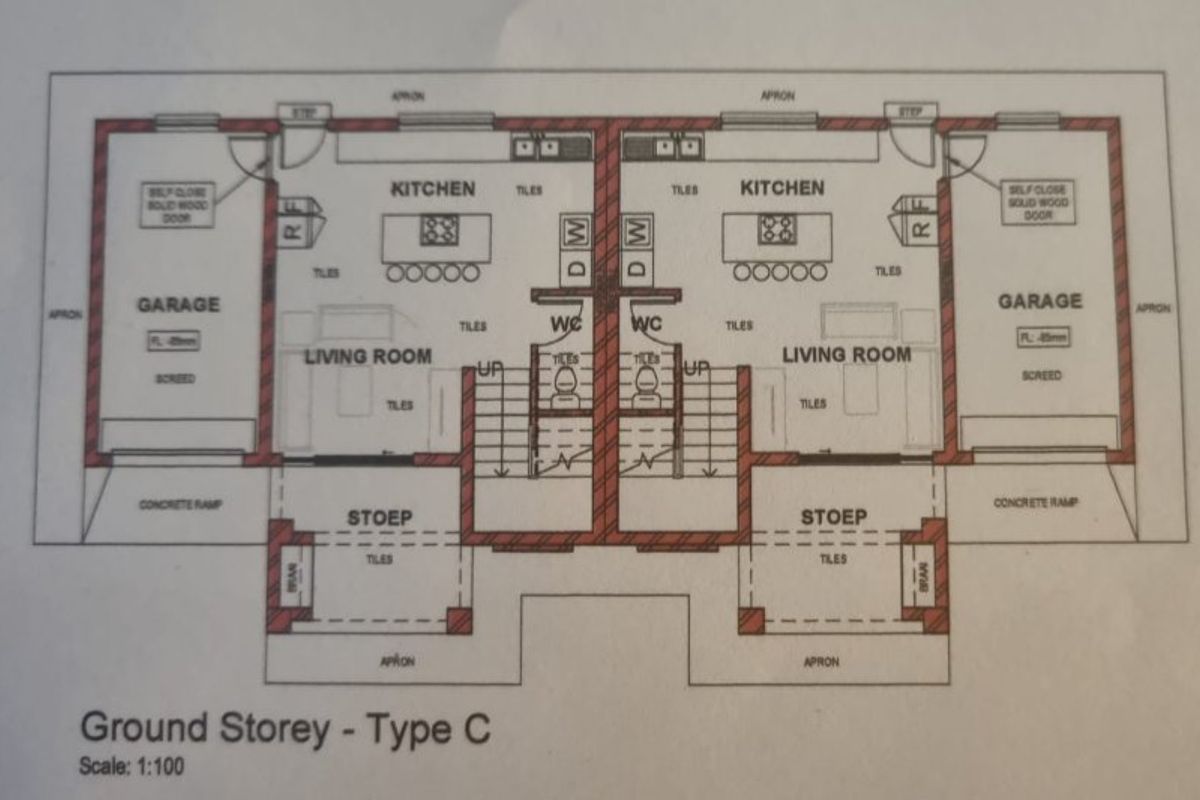 Architectural ground floor plan for Type C townhouse units, featuring dual garages, open-plan living areas, kitchens, and ground-level patios.