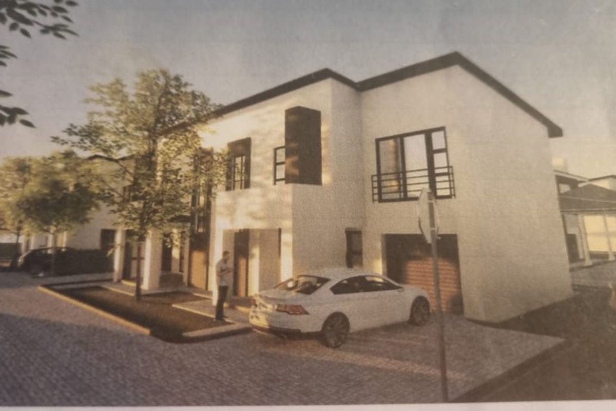 A digital architectural rendering of a modern townhouse exterior featuring a paved driveway, integrated garage, and balcony.