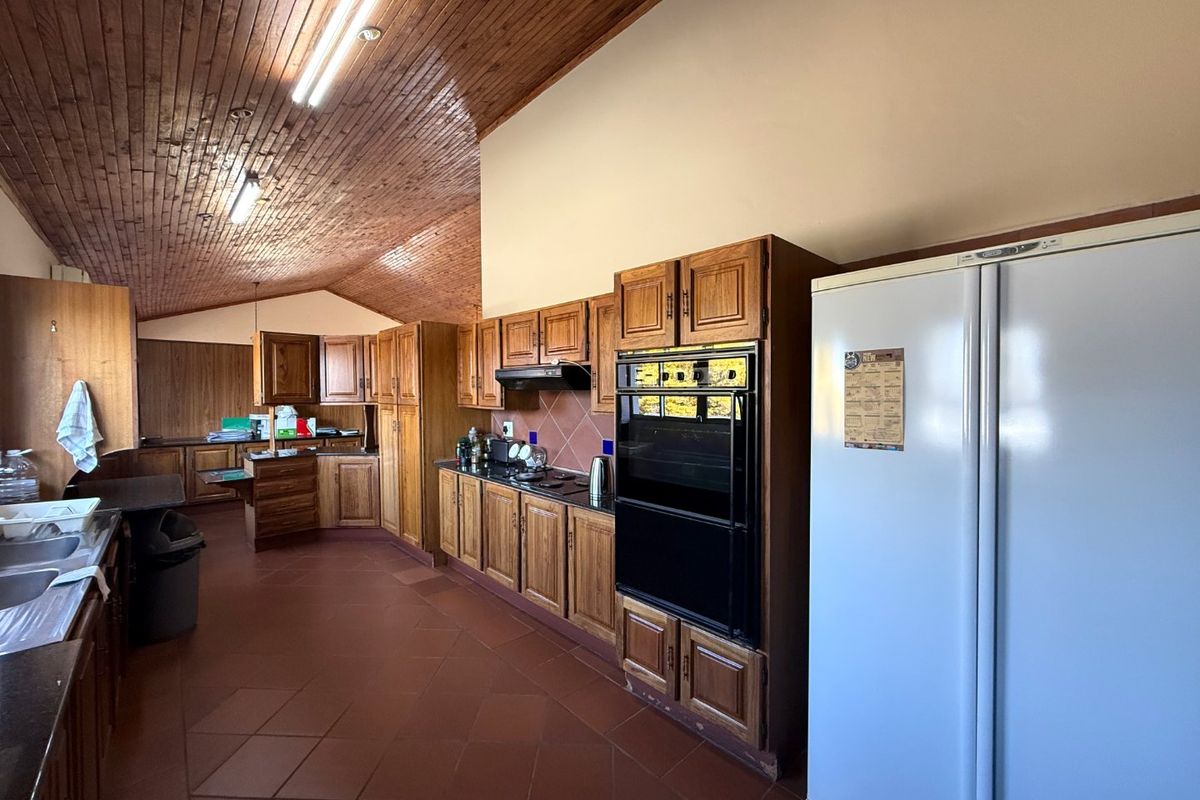 Spacious kitchen featuring extensive timber cabinetry, built-in oven, extractor fan, and tiled flooring under a high timber-clad vaulted ceiling.