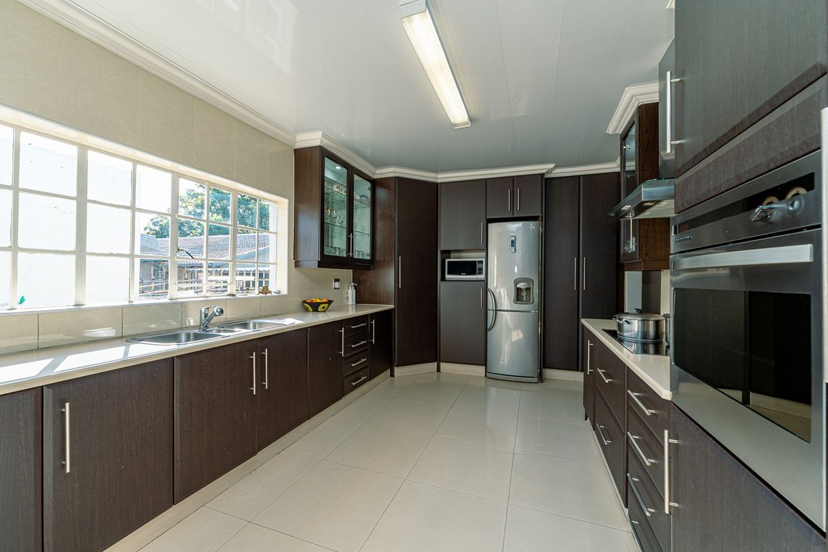 Modern kitchen featuring dark wood cabinetry, built-in appliances, tiled flooring, and ample natural light from a large window.