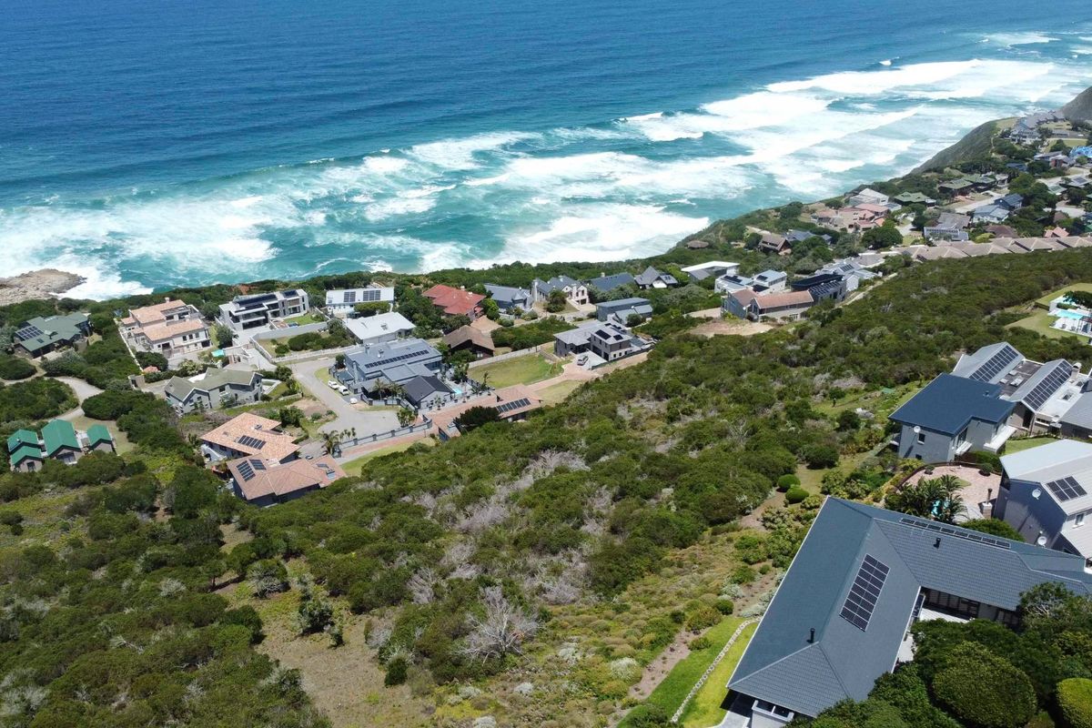 An aerial view of a coastal residential estate featuring established homes nestled within natural vegetation along the oceanfront.