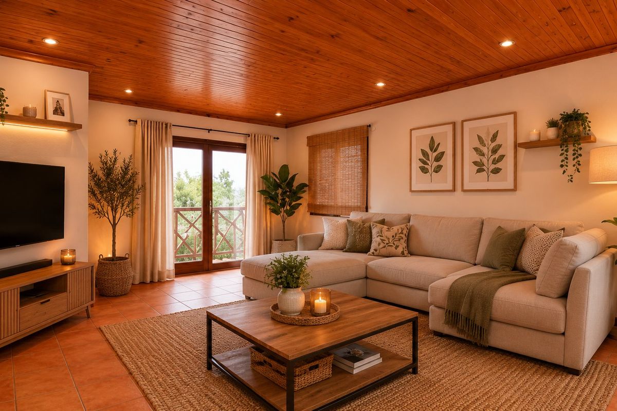 A warm and inviting living room featuring a timber-clad ceiling, terracotta tiled flooring, and direct access to an outdoor balcony through glass doors.