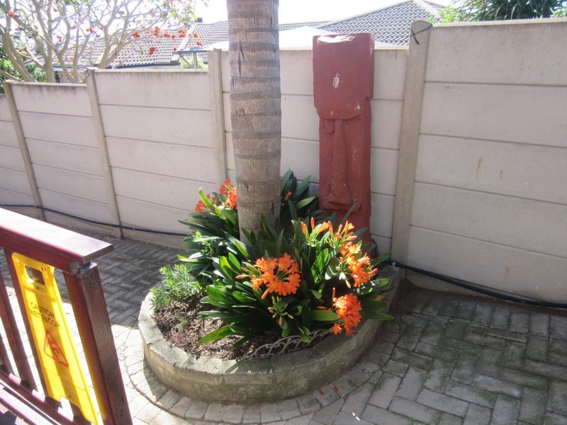 A small garden area featuring a raised concrete planter with established plants and a precast concrete boundary wall.