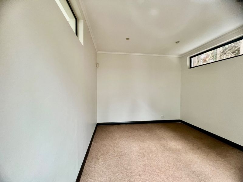 A bright, empty bedroom featuring neutral walls, carpeted flooring, and high-set clerestory windows providing natural light.