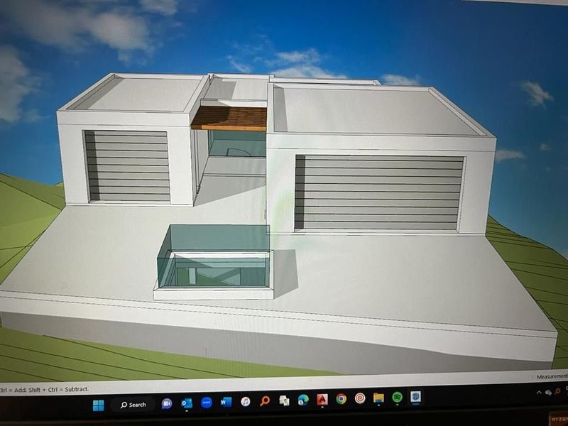 A digital architectural rendering of a modern residential property featuring a double garage, flat roof design, and a glass-enclosed entrance area.