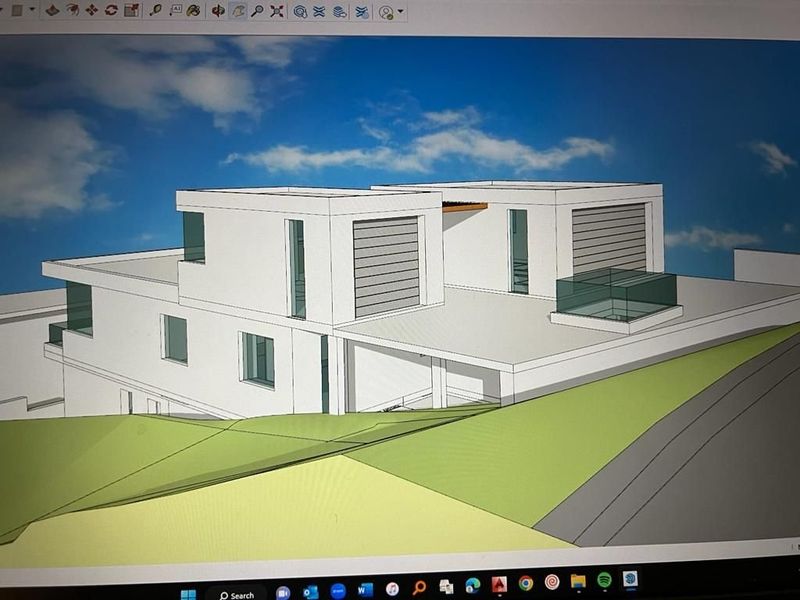 A digital architectural rendering of a modern multi-level residential property featuring clean lines, flat roofing, and integrated garage space.
