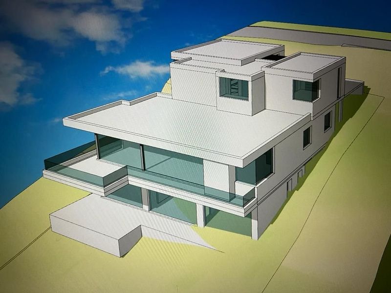 A digital architectural rendering of a modern multi-level residential property featuring flat roofs, glass balconies, and expansive windows.