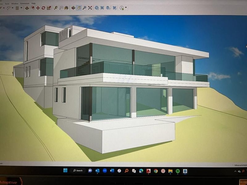 A 3D architectural rendering of a modern multi-level residential property featuring extensive glass facades and spacious terraces.