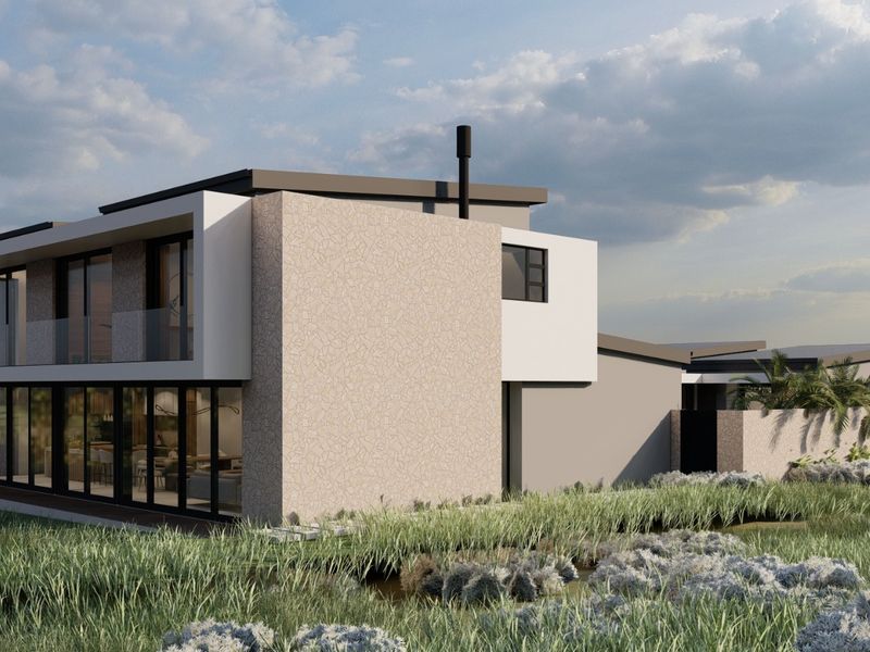 A modern architectural rendering of a two-story residential property featuring stone cladding, large glass sliding doors, and a sleek balcony design.