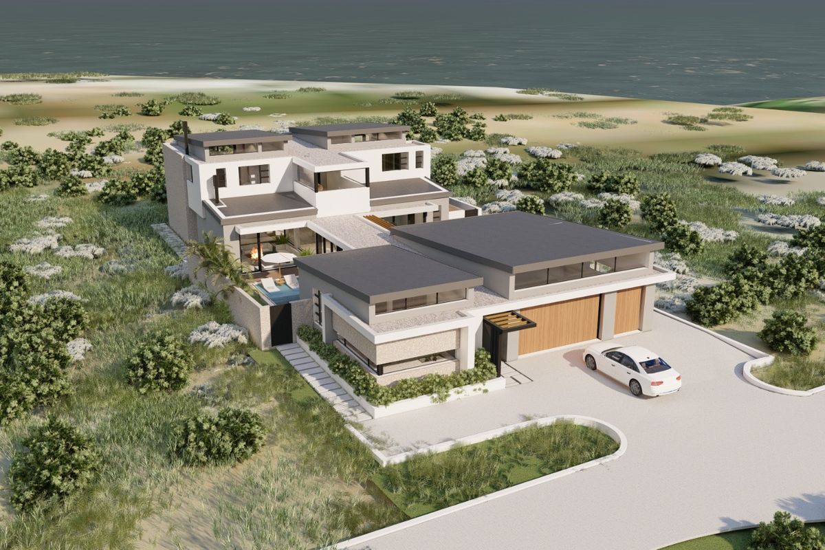 Aerial view of a modern coastal residence featuring a double garage, swimming pool, and contemporary architectural design set in a natural landscape.
