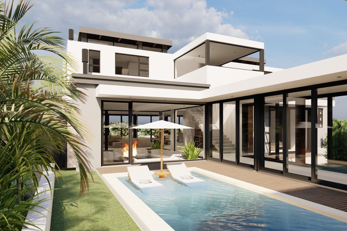 Modern rear exterior view featuring a swimming pool, timber decking, and expansive sliding glass doors leading into the contemporary residence.