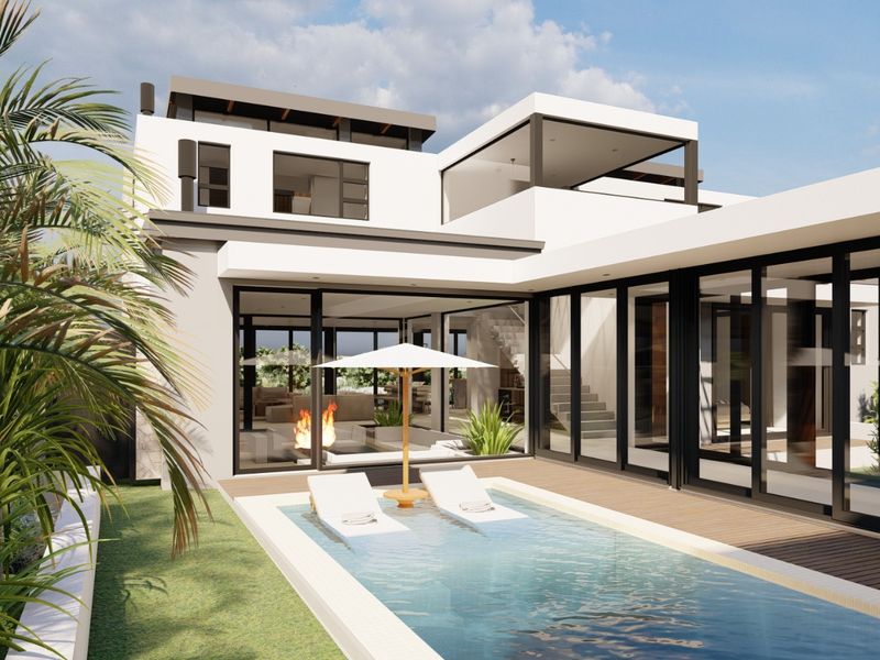 Modern rear exterior view featuring a swimming pool, timber decking, and expansive sliding glass doors leading into the contemporary residence.