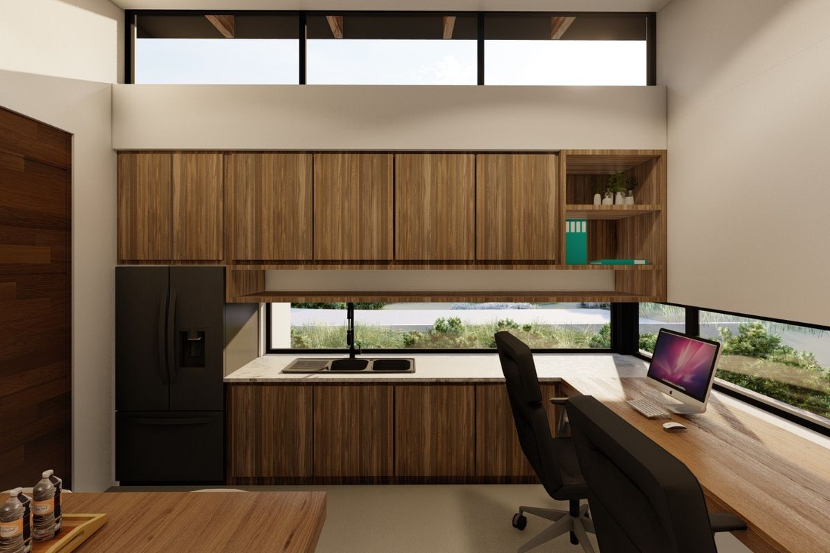 Modern kitchen featuring wood-grain cabinetry, integrated appliances, and a built-in workspace with expansive windows overlooking the exterior landscape.
