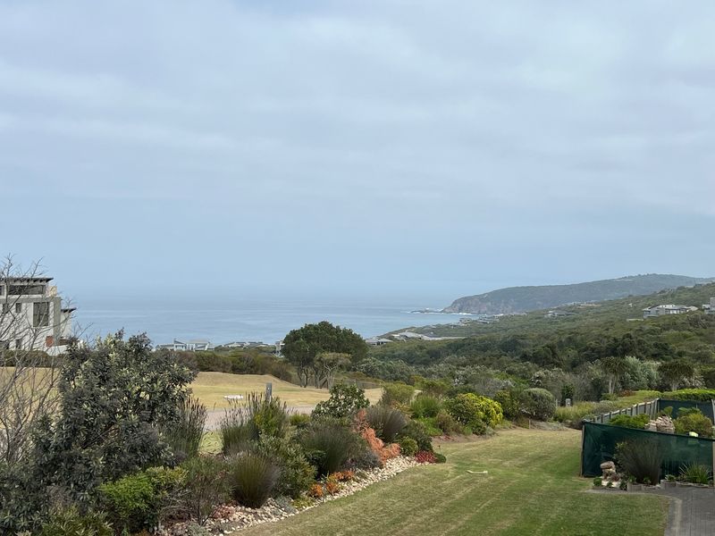 A scenic elevated view overlooking the coastal landscape, lush greenery, and the ocean horizon.