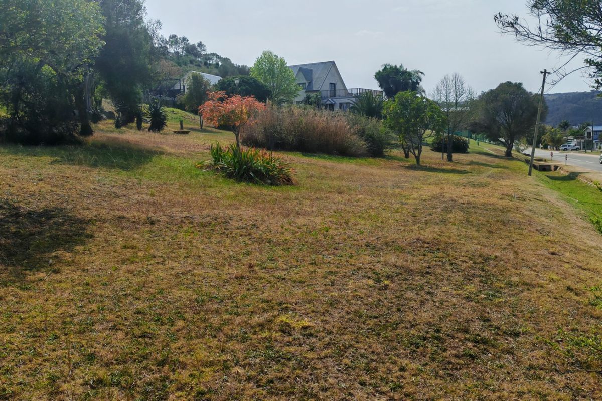 A view of a vacant residential plot featuring sloped terrain, established trees, and proximity to a local road.