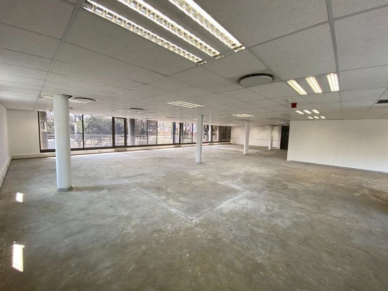 A large, open-plan commercial office space featuring structural columns, suspended ceilings with recessed lighting, and expansive windows providing natural light.