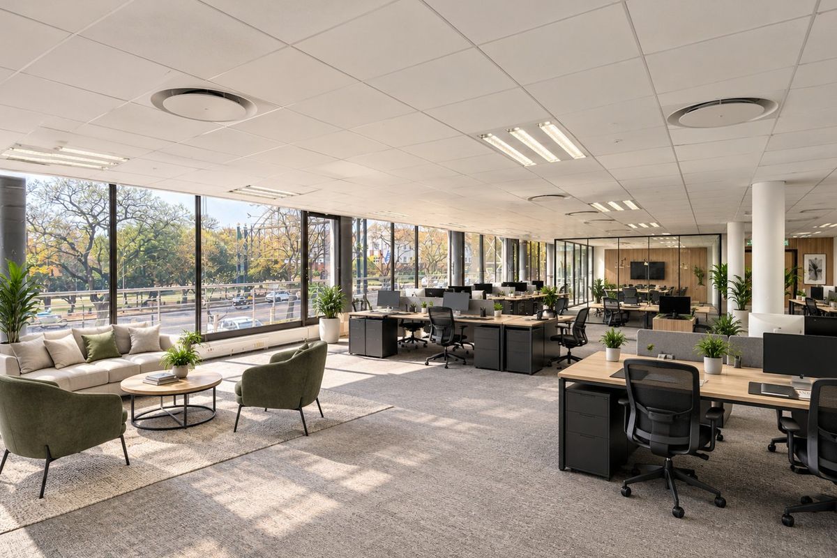 Modern open-plan commercial office space featuring large floor-to-ceiling windows, suspended ceilings, recessed lighting, and high-quality carpeted flooring with glass-partitioned meeting areas.