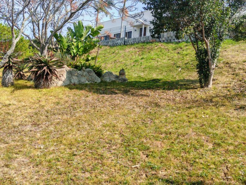 A sloped residential plot featuring established trees, landscaped garden areas, and a concrete block retaining wall at the upper boundary.