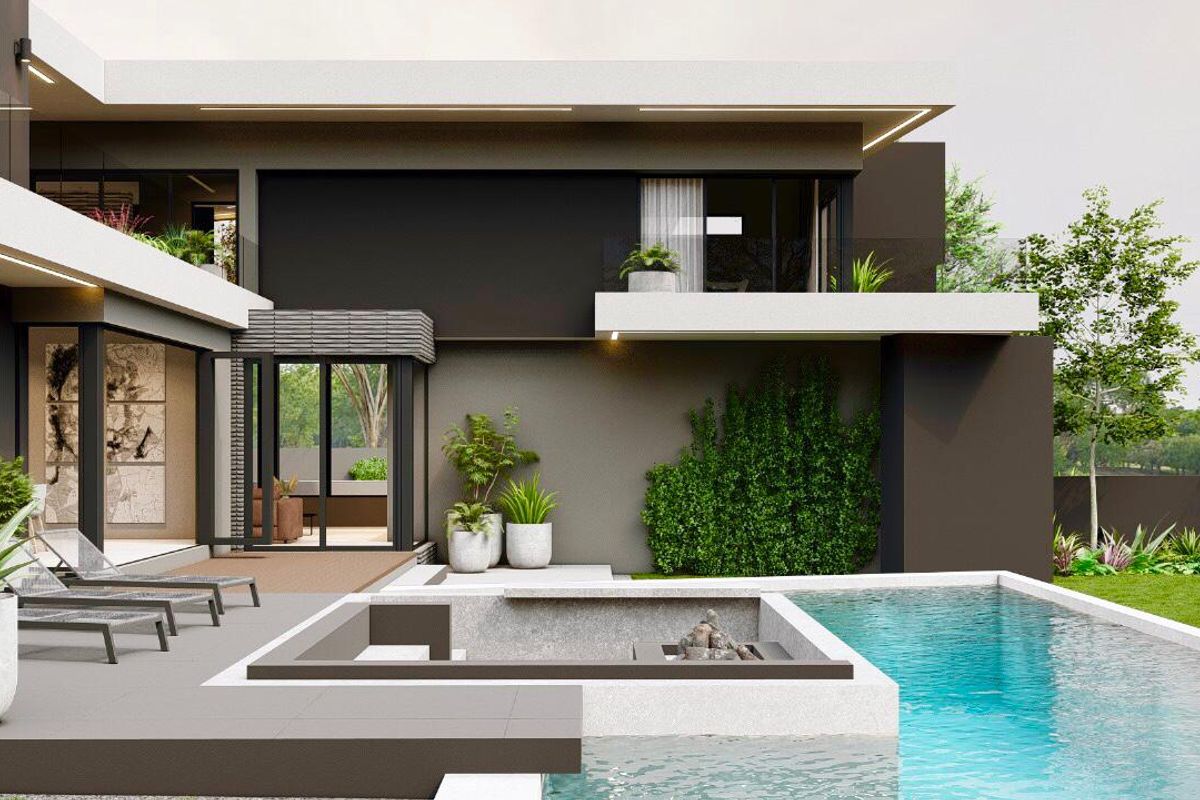 Modern rear exterior featuring a swimming pool, sunken fire pit area, and a spacious tiled patio with seamless indoor-outdoor flow.