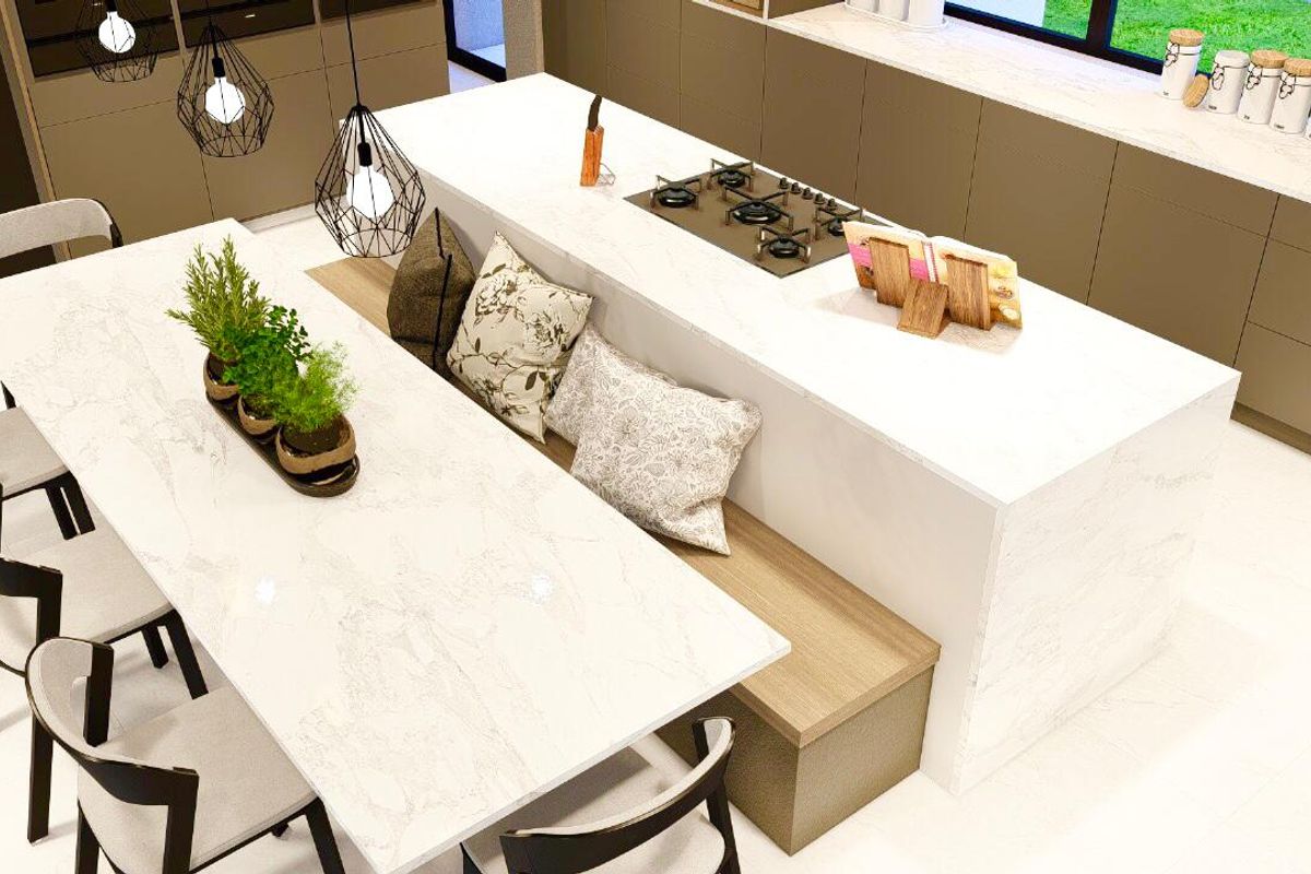 Modern kitchen featuring a large central island with an integrated gas cooktop, stone countertops, and seamless built-in cabinetry with an attached dining bench.