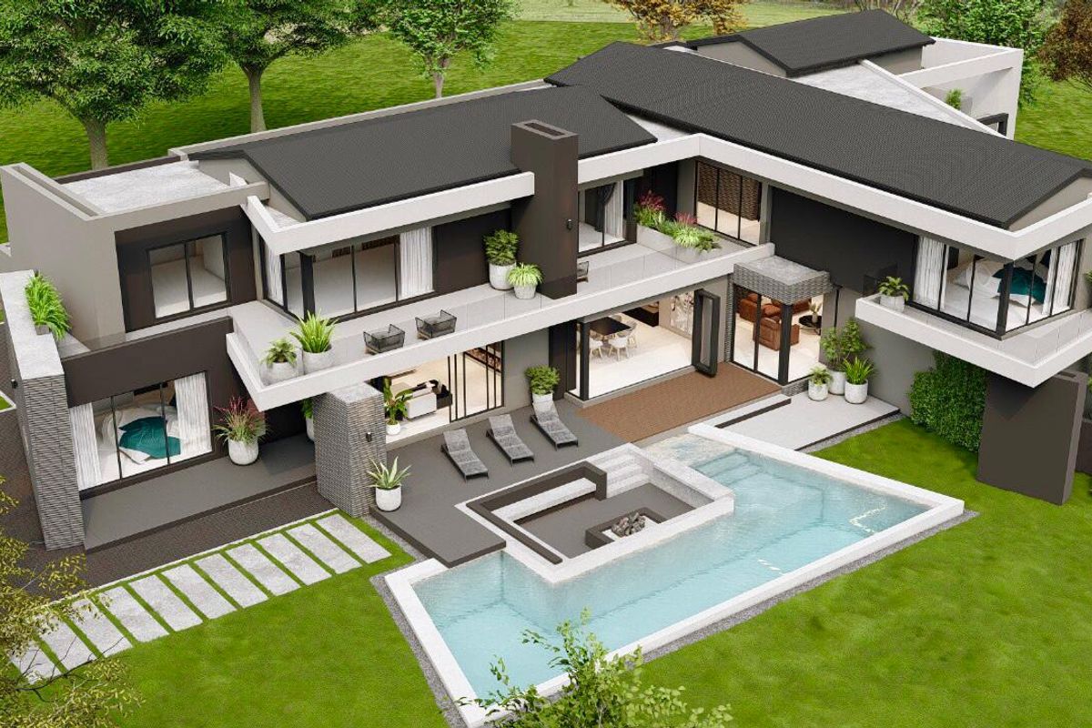 Aerial view of a modern luxury residence featuring a swimming pool, sunken fire pit, expansive patio, and multiple balconies.