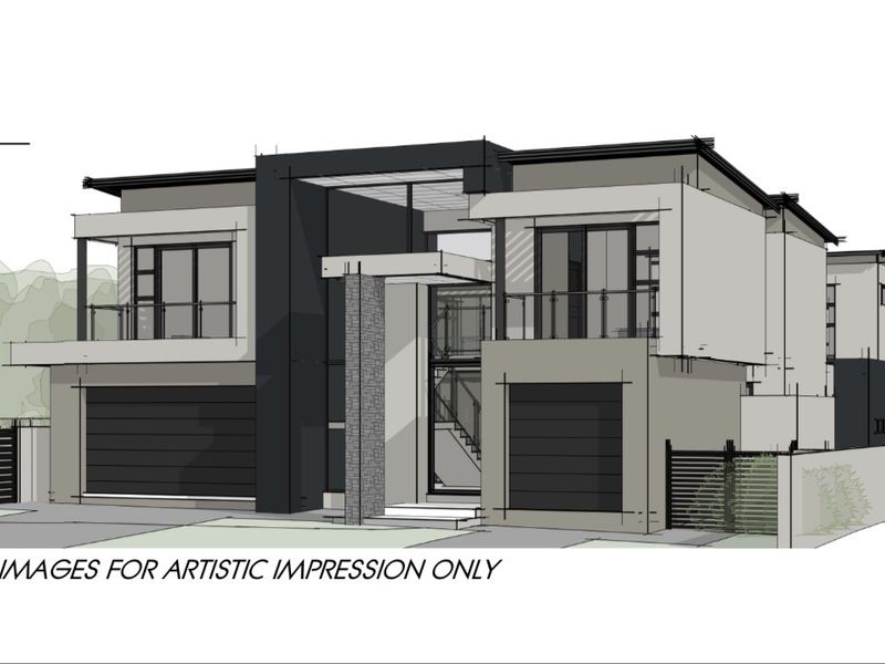 Architectural 3D render of a modern double-story residence featuring a double garage, stone accents, and upper-level balconies.