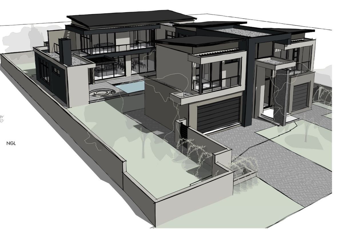 Architectural 3D rendering of a modern double-story luxury residence featuring a swimming pool, double garage, and contemporary flat roof design.