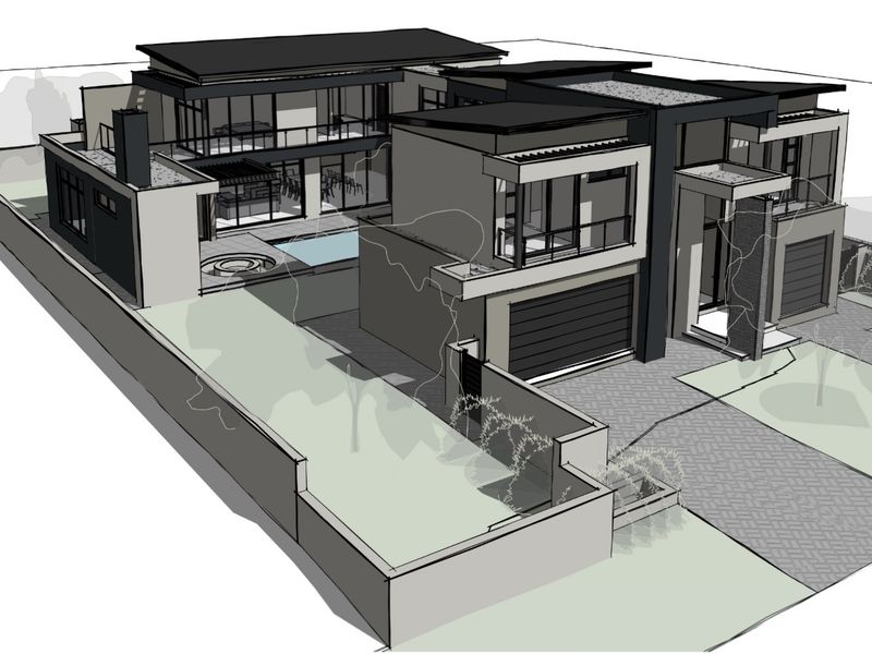 Architectural 3D rendering of a modern double-story luxury residence featuring a swimming pool, double garage, and contemporary flat roof design.