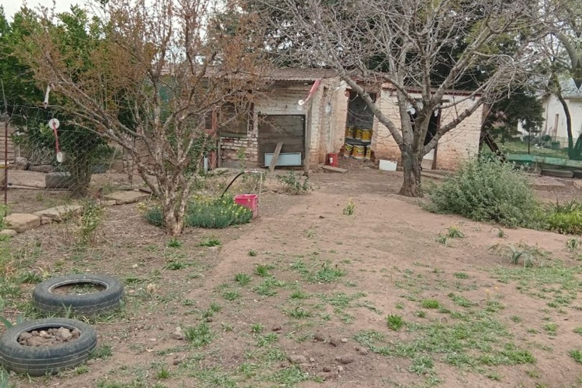 A rear garden area featuring an outbuilding with visible structural wear and an unlandscaped yard requiring significant maintenance and improvement.