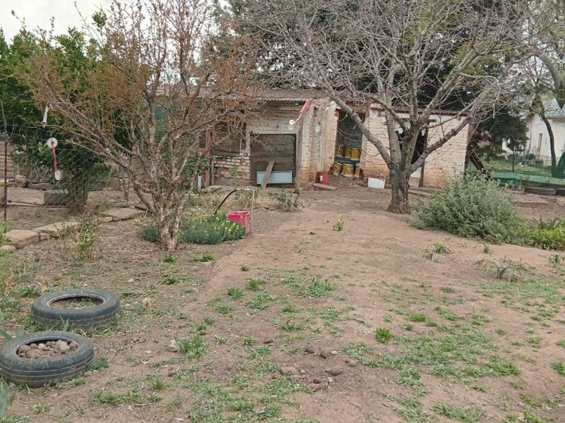 A rear garden area featuring an outbuilding with visible structural wear and an unlandscaped yard requiring significant maintenance and improvement.