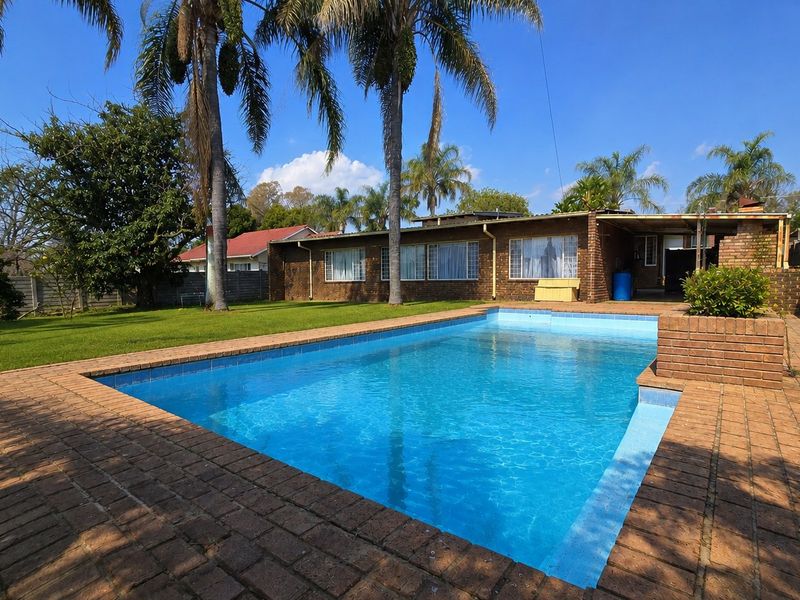 A spacious backyard featuring a swimming pool with brick paving, a covered patio area, and established palm trees set against a brick house exterior.