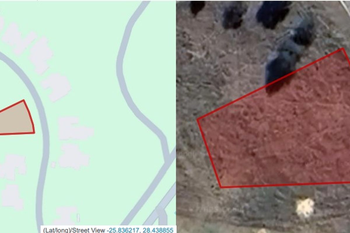 An aerial view and map overlay showing the boundaries of the vacant residential plot.