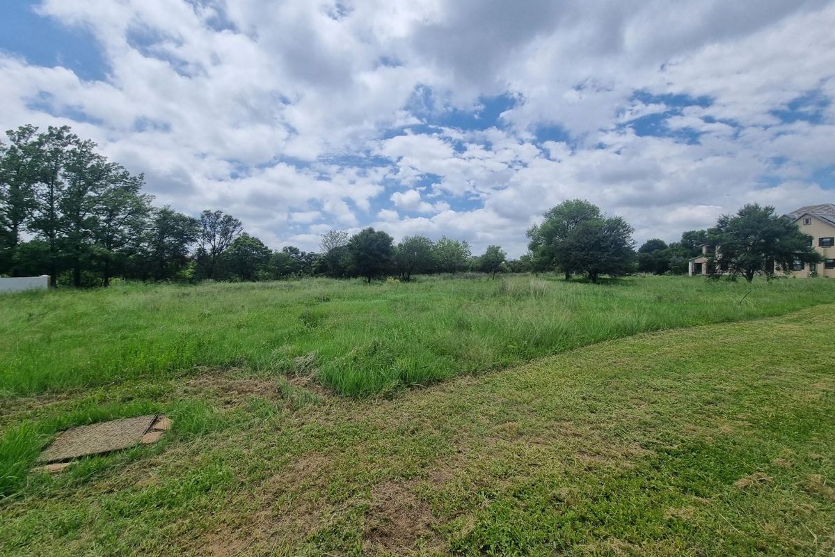 A wide-angle view of a vacant residential plot featuring natural grassland, mature trees, and a clear sky.