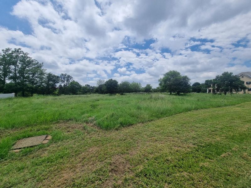 A wide-angle view of a vacant residential plot featuring natural grassland, mature trees, and a clear sky.