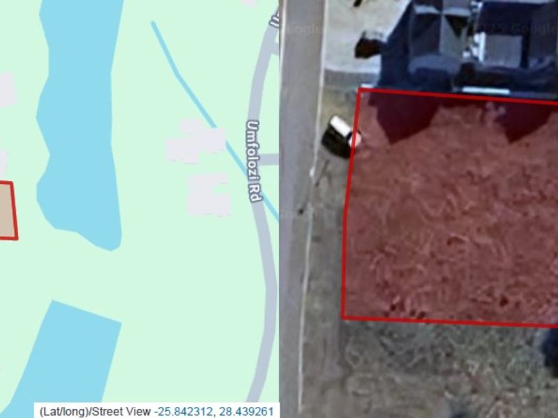 A split-view image showing a map location and an aerial satellite view of a vacant residential plot.