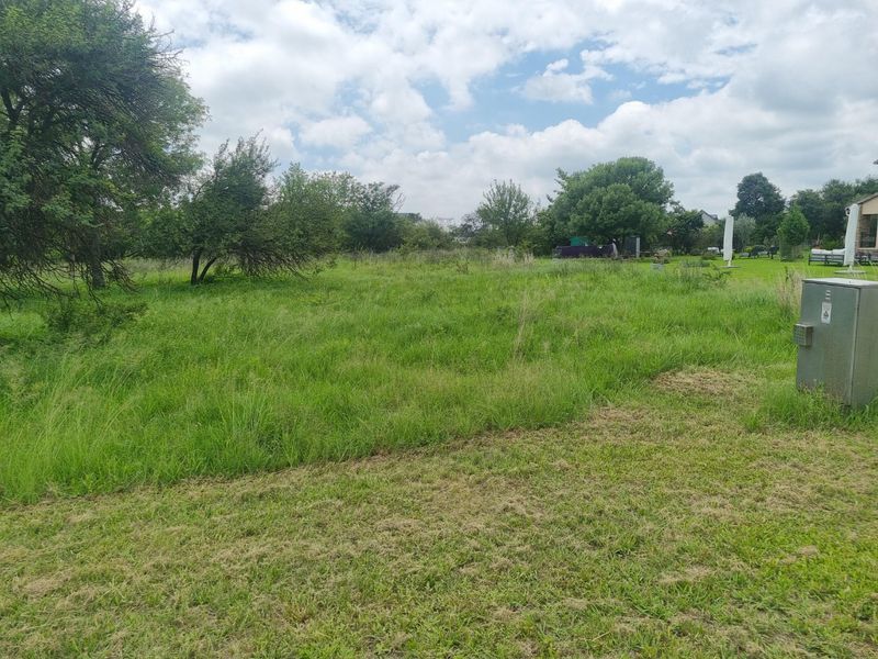 A view of a vacant residential plot featuring established trees, grass lawn, and a utility connection point.