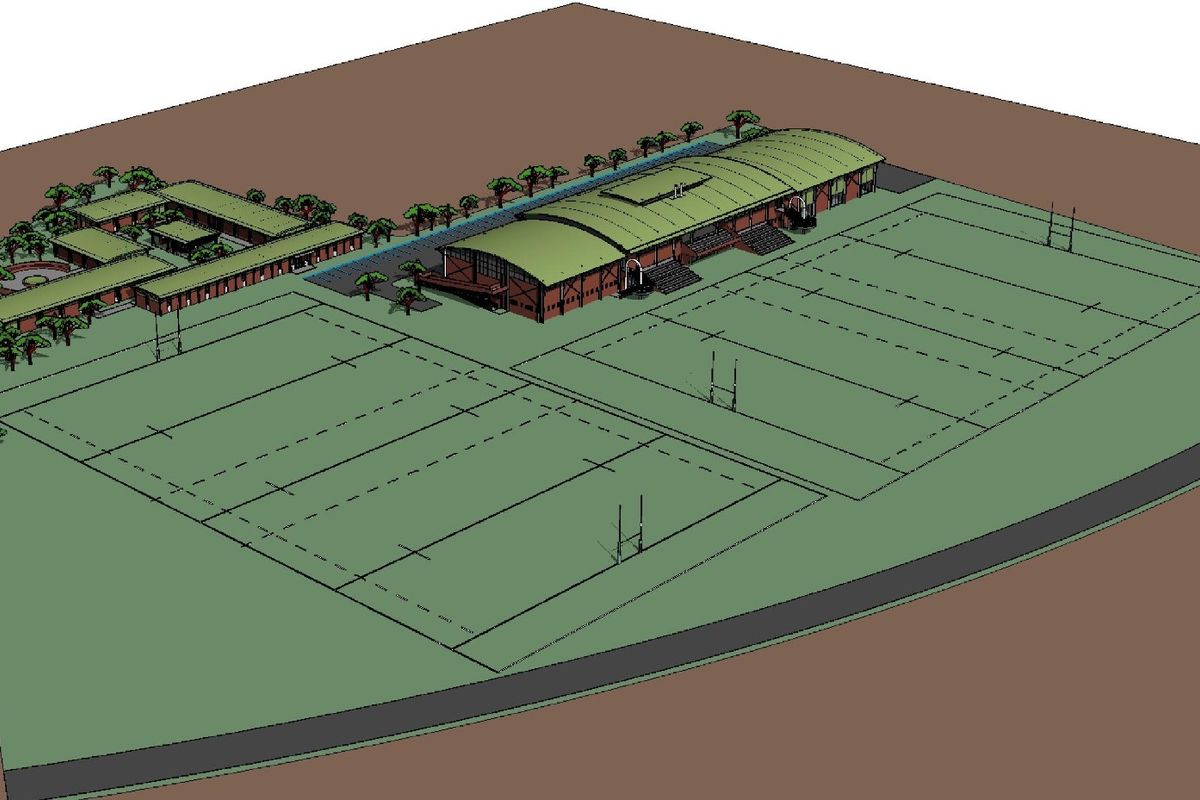A 3D architectural rendering of a residential sports facility featuring multiple fields, a clubhouse, and landscaped grounds.
