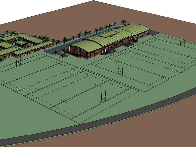 A 3D architectural rendering of a residential sports facility featuring multiple fields, a clubhouse, and landscaped grounds.